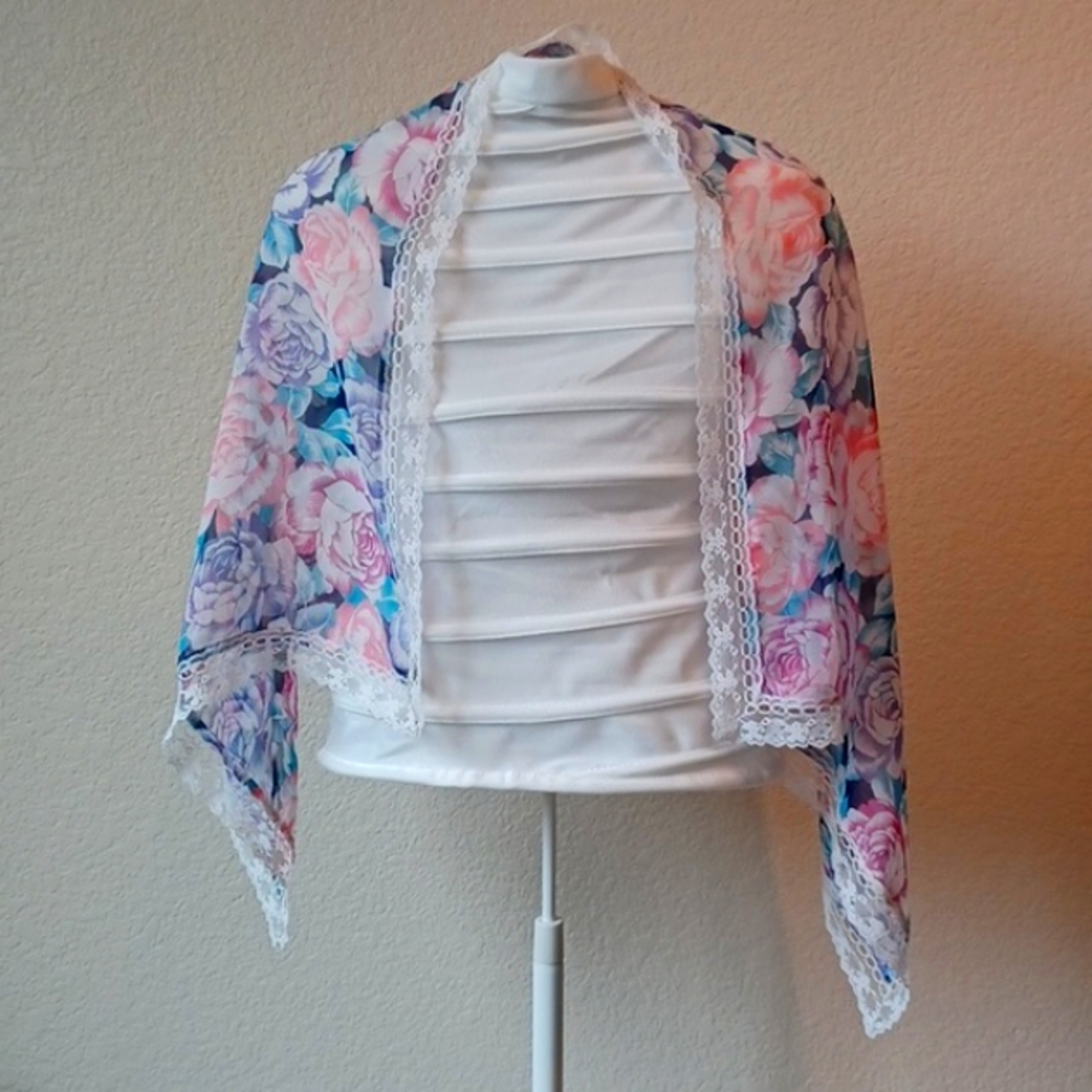 3/$25 SALE VTG Handmade Scarf Sheer Pink Blue Purple Floral White Lace 40"x19½"